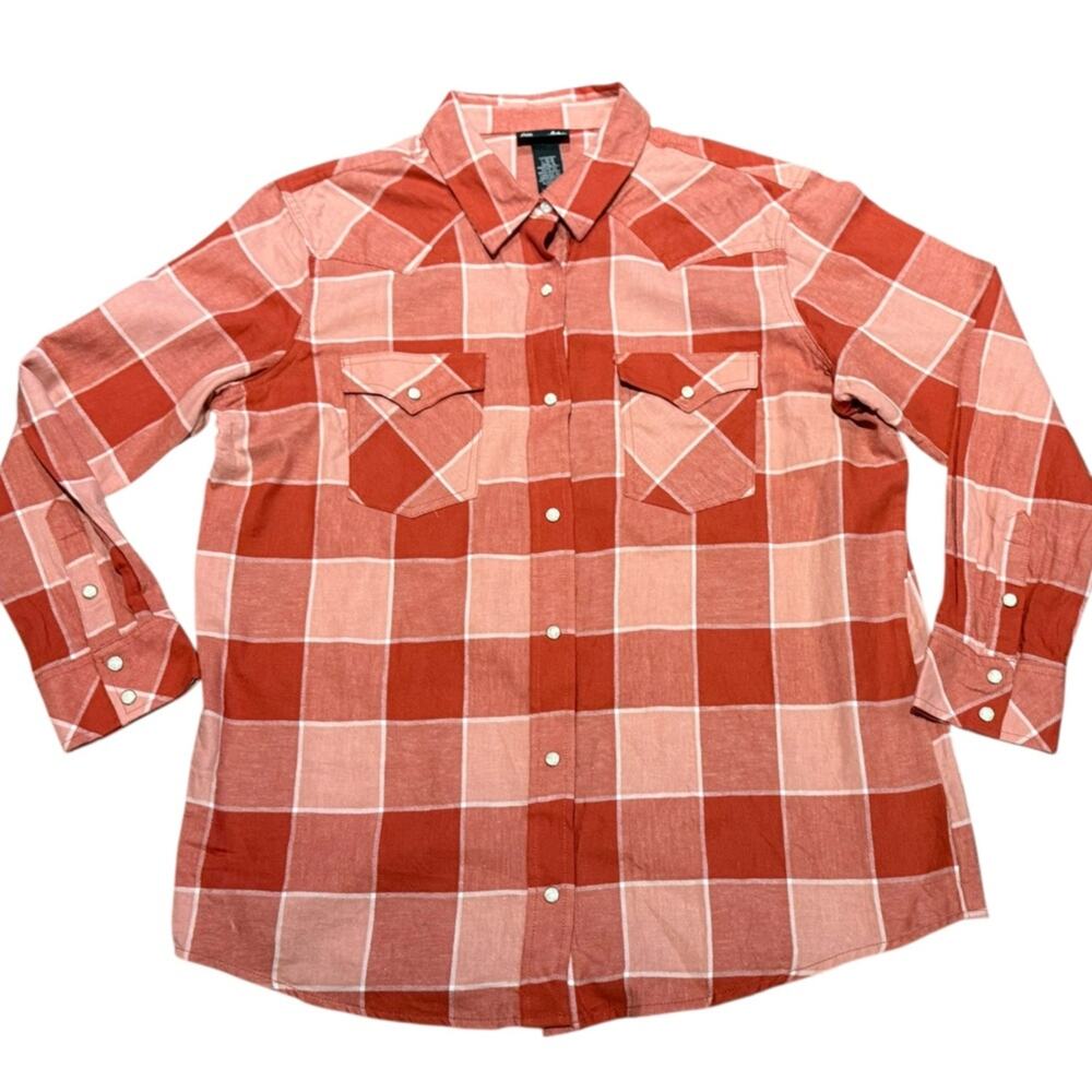 Wrangler Retro Men's Flannel Brick Pearl Snap Plaid Button Down Shirt Mens Large